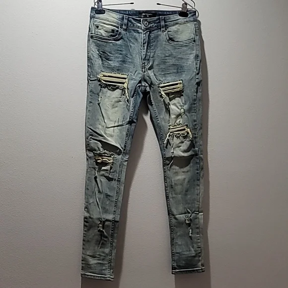 SERENEDE Patchwork Streetwear Earth Tone Serenity Prayer Distressed Skinny Jeans - Picture 12 of 16